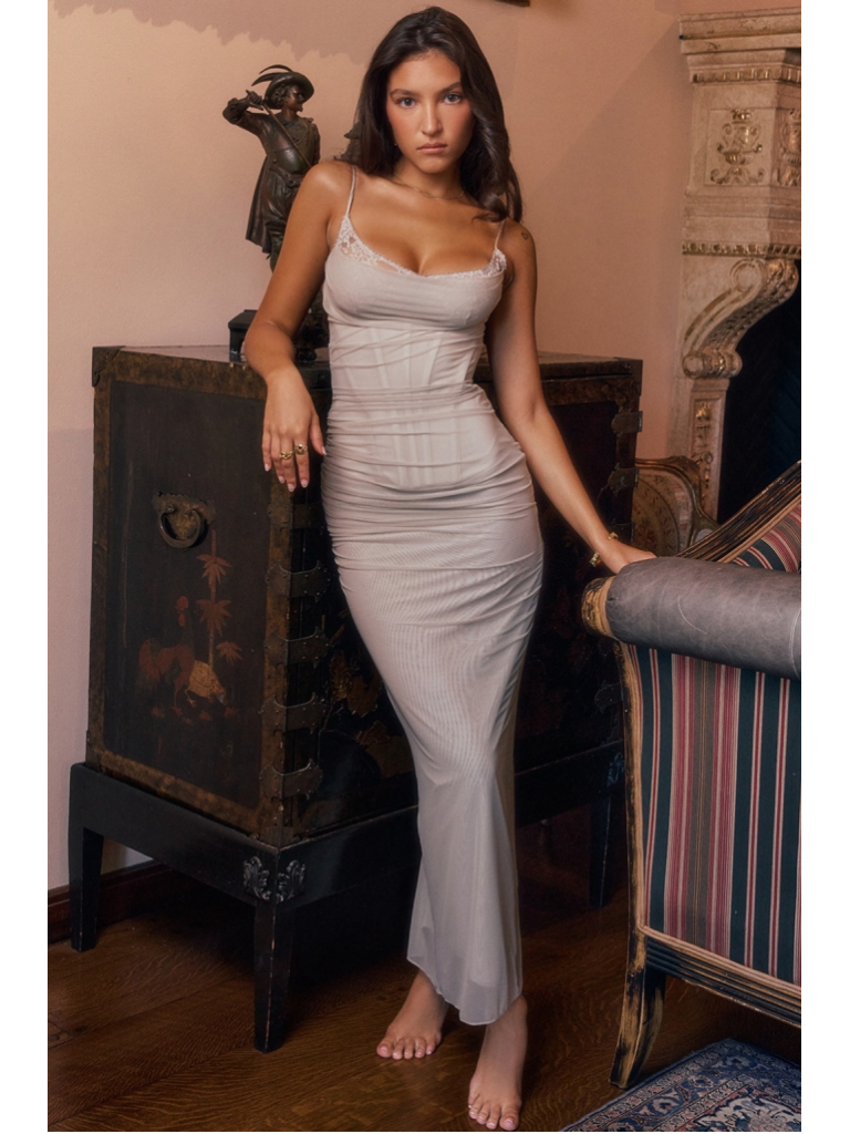 House Of Cb Nalini Sand Corset Maxi Dress Xs Nwt Stretch Mesh Formal